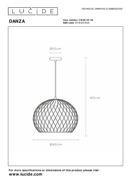 Lucide DANZA - Pendelleuchten - Ø 40 cm - 1xE27 - Schwarz - TECHNISCH